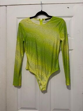 Banjul Lime Green Rhinestone Long Sleeve Bodysuit
